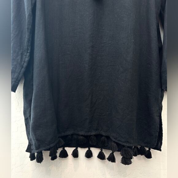 RACHEL ZOË | Black Linen Tunic Top Boho Tassel Hem Resort Blouse | Large - Picture 4 of 7